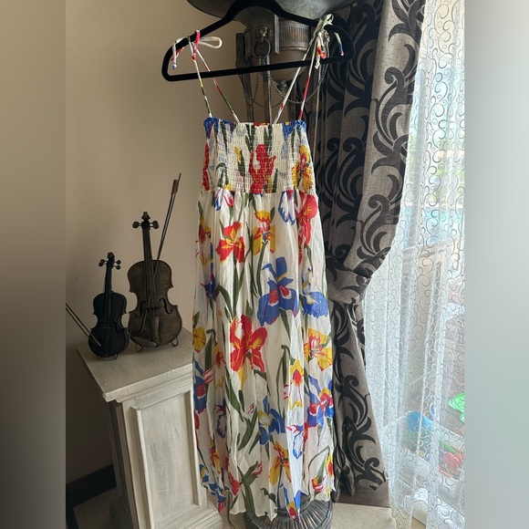 Tory Burch Iris Smocked Floral Midi Dress White Red Blue Size Large Fit & Flare - Picture 3 of 13